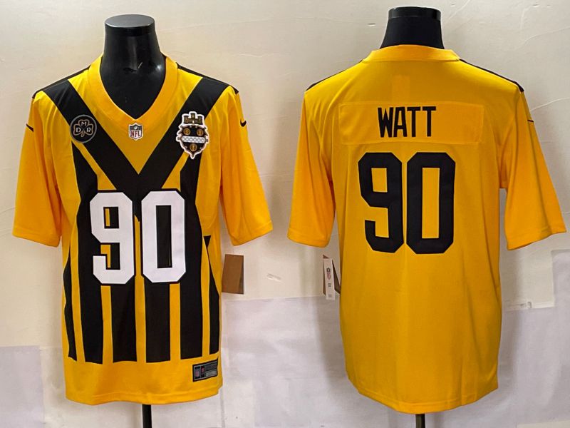 Men 2025 Pittsburgh Steelers 90 Watt Yellow Retro Nike Limited NFL Jersey style 03